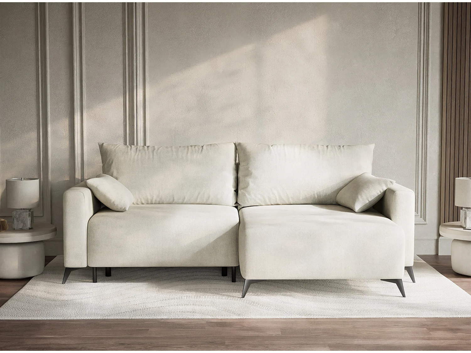 Canapé d'angle droit avec fonction lit en tissu chenille creme LEON