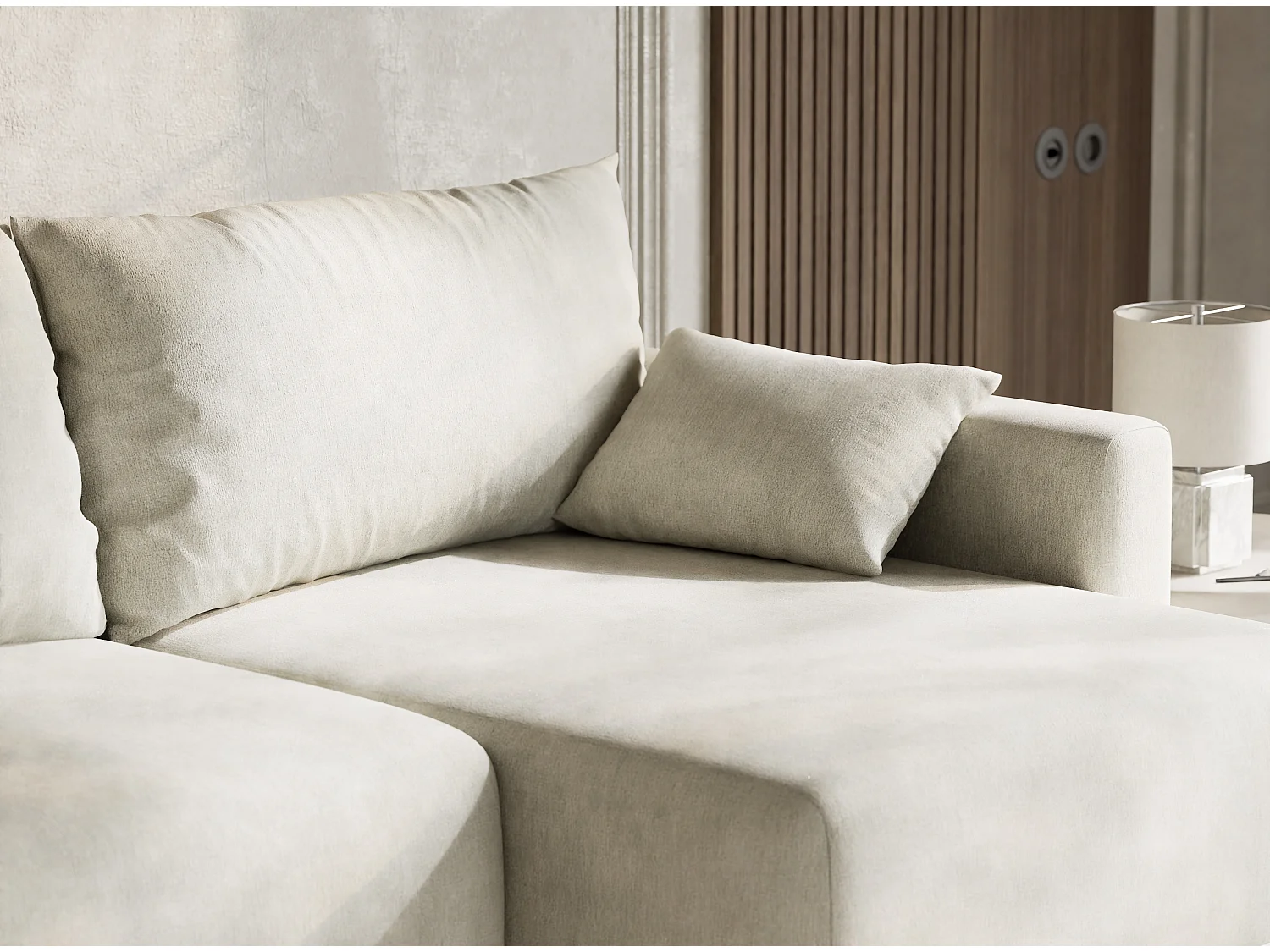 Canapé d'angle droit avec fonction lit en tissu chenille creme LEON