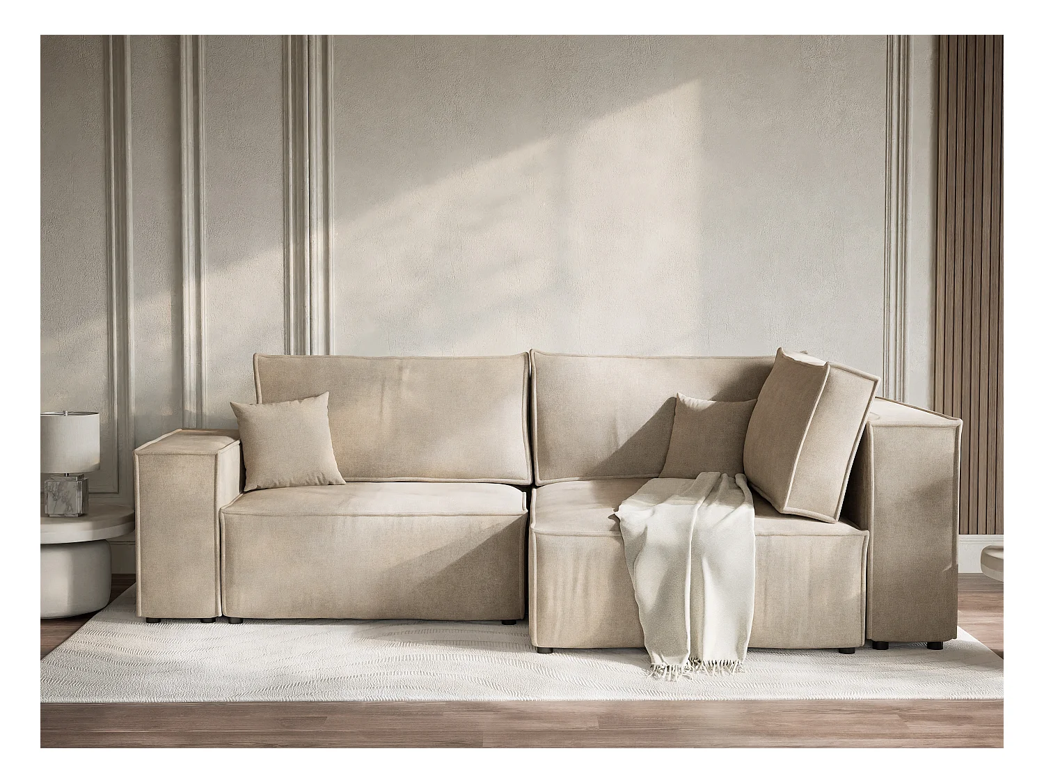 Canapé d'angle droit avec fonction lit en tissu chenille beige TONGA