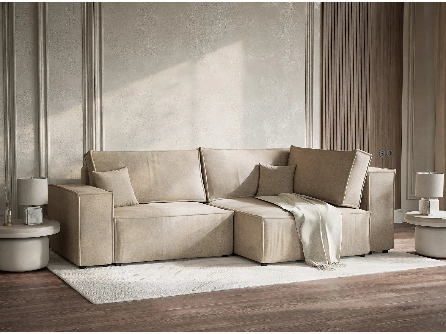 Canapé d'angle droit avec fonction lit en tissu chenille beige TONGA