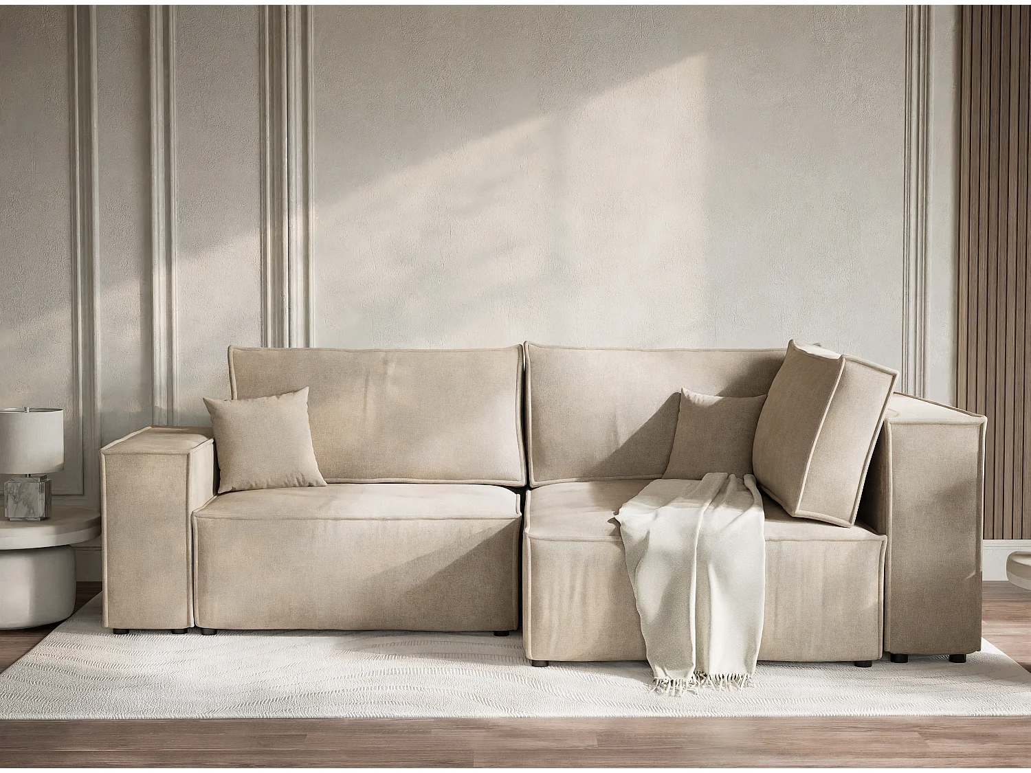 Canapé d'angle droit avec fonction lit en tissu chenille beige TONGA