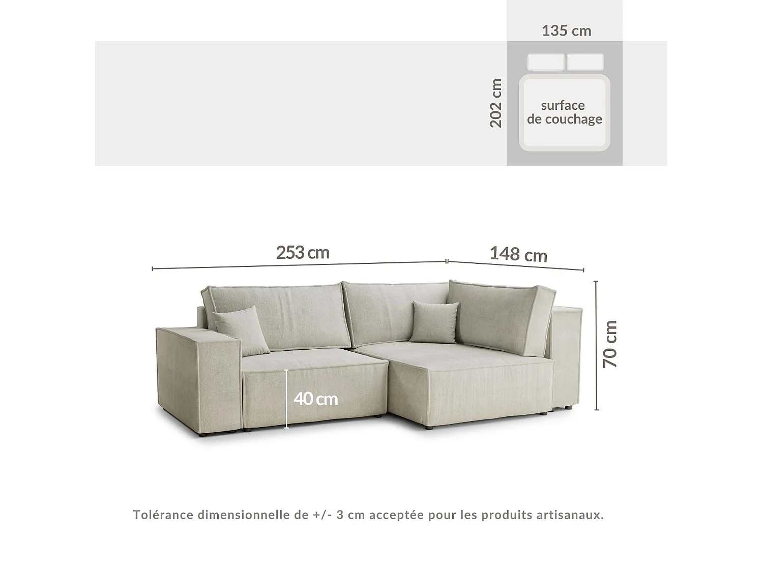 Canapé d'angle droit avec fonction lit en tissu chenille beige TONGA
