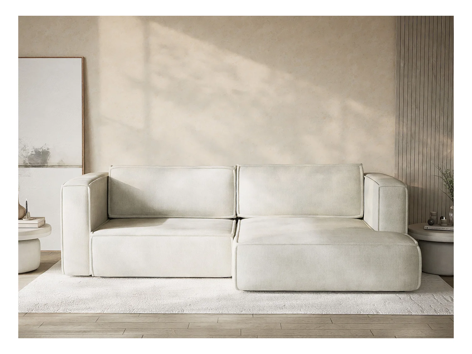 Canapé d'angle droit avec fonction lit en tissu chenille creme VELTO