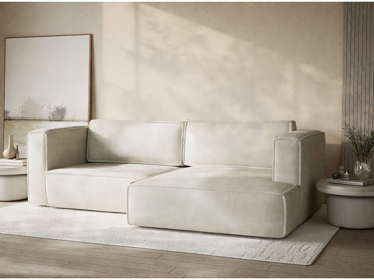 Canapé d'angle droit avec fonction lit en tissu chenille creme VELTO