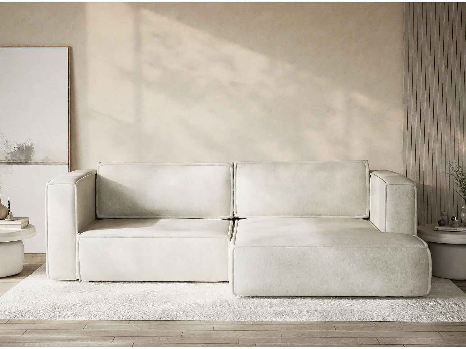 Canapé d'angle droit avec fonction lit en tissu chenille creme VELTO