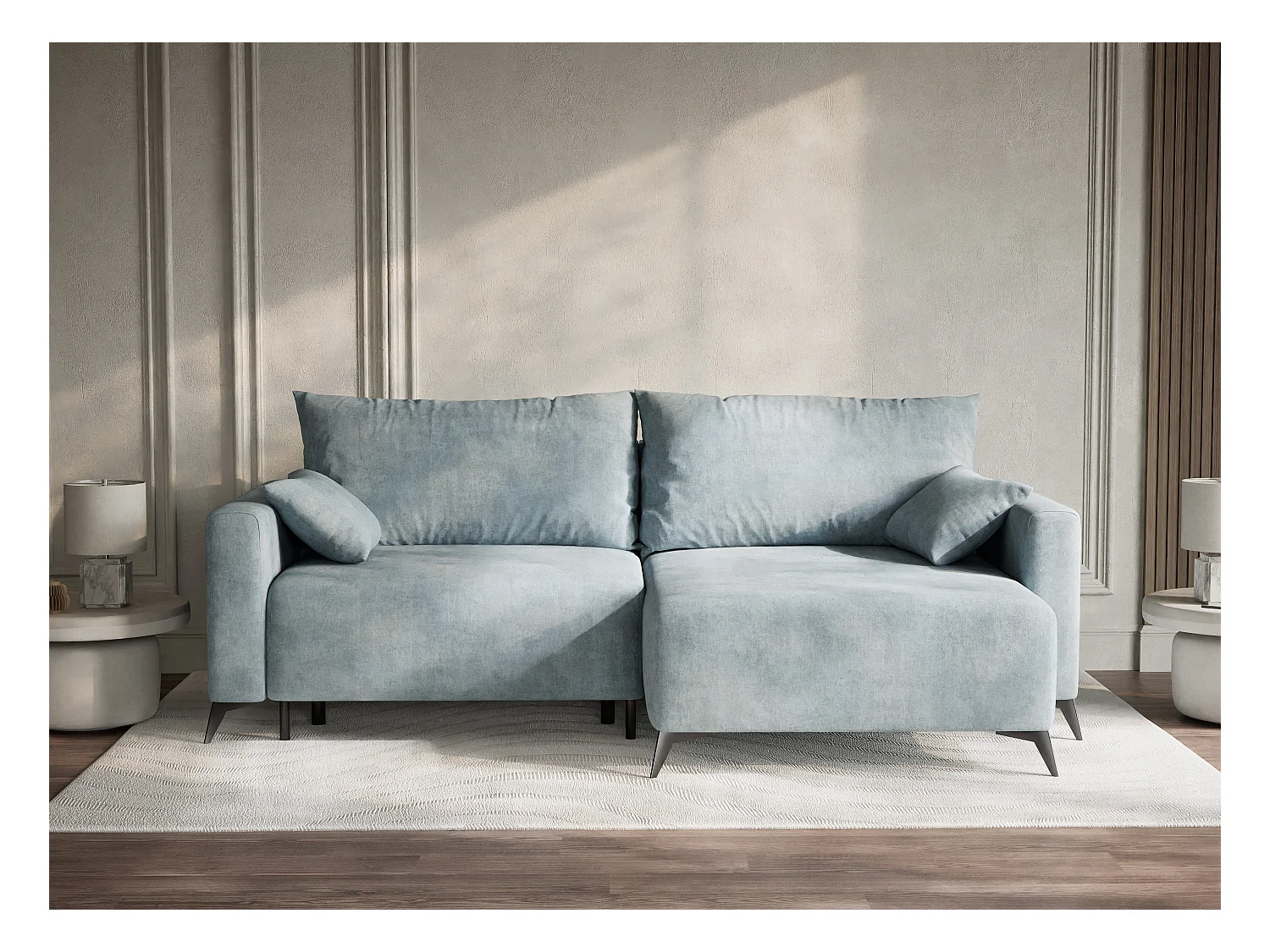 Canapé d'angle droit avec fonction lit en tissu chenille bleu clair LEON