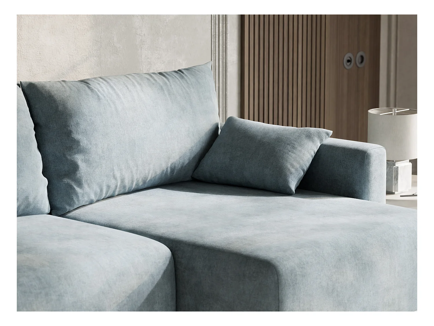 Canapé d'angle droit avec fonction lit en tissu chenille bleu clair LEON