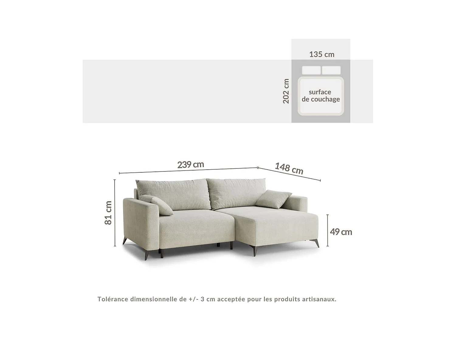 Canapé d'angle droit avec fonction lit en tissu chenille bleu clair LEON