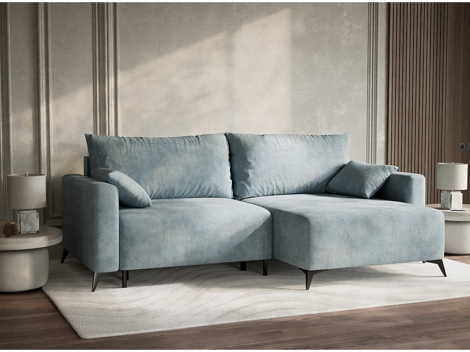 Canapé d'angle droit avec fonction lit en tissu chenille bleu clair LEON