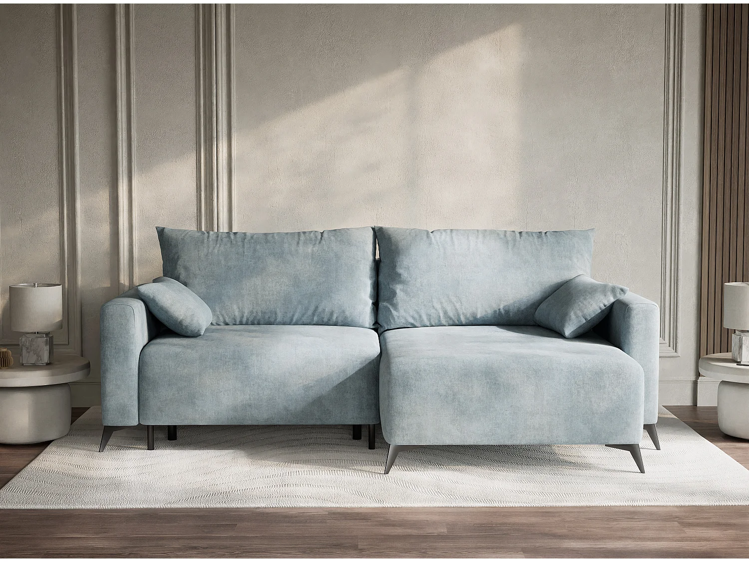 Canapé d'angle droit avec fonction lit en tissu chenille bleu clair LEON