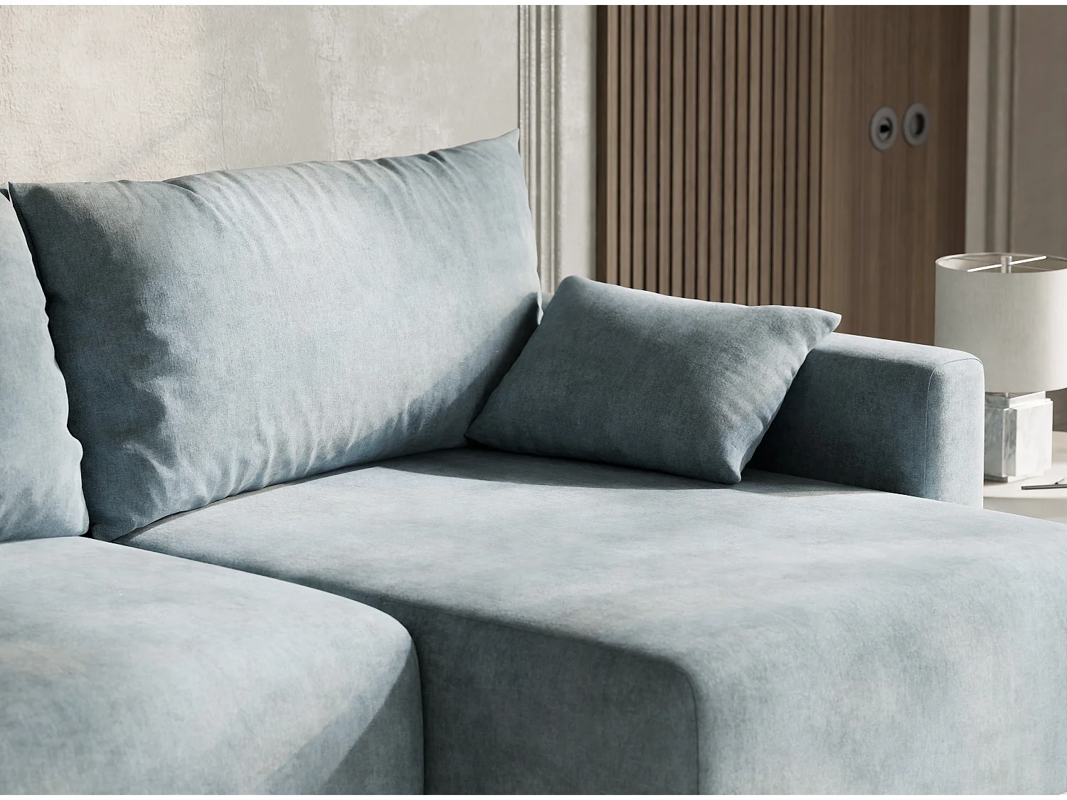 Canapé d'angle droit avec fonction lit en tissu chenille bleu clair LEON