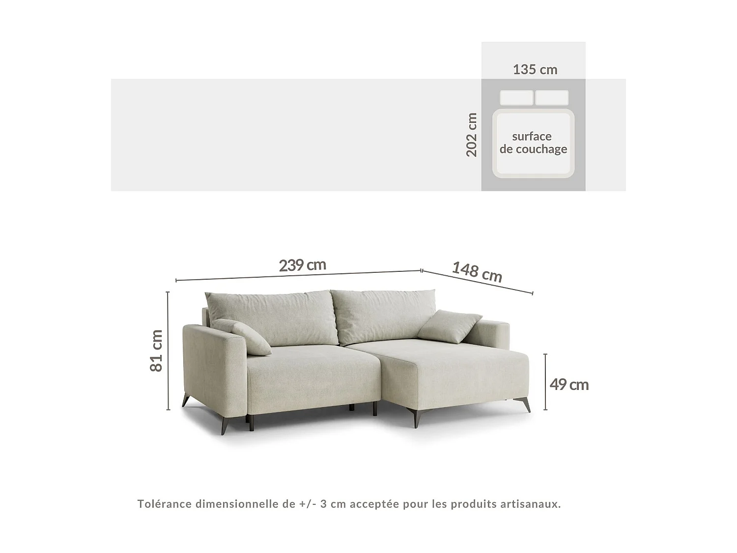 Canapé d'angle droit avec fonction lit en tissu chenille bleu clair LEON