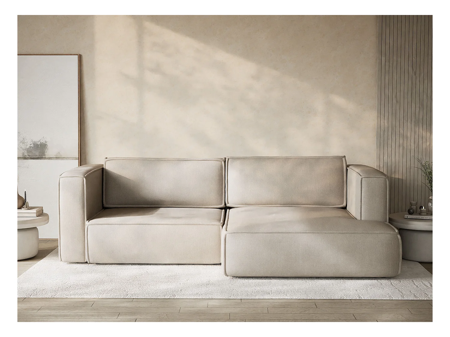 Canapé d'angle droit avec fonction lit en tissu tressé beige VELTO