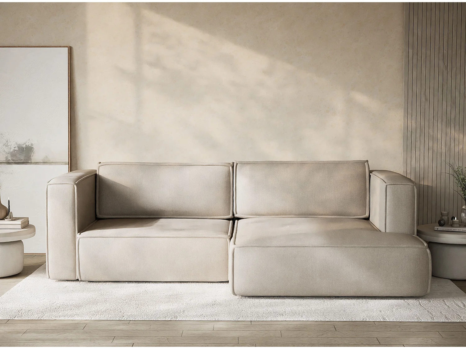 Canapé d'angle droit avec fonction lit en tissu tressé beige VELTO