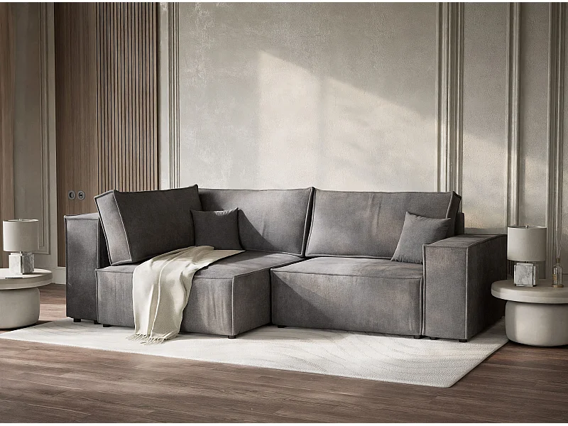 Canapé d'angle gauche avec fonction lit en tissu chenille gris TONGA