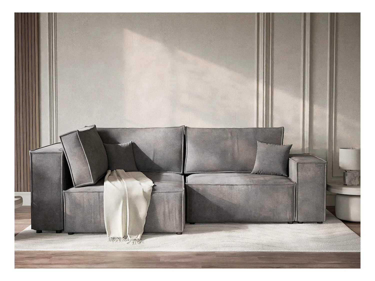 Canapé d'angle gauche avec fonction lit en tissu chenille gris TONGA