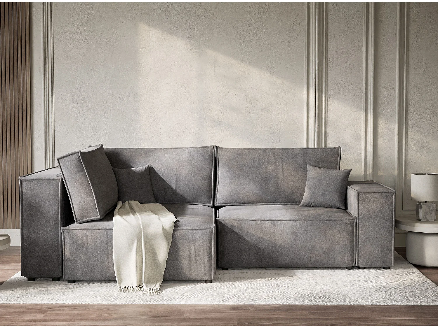 Canapé d'angle gauche avec fonction lit en tissu chenille gris TONGA