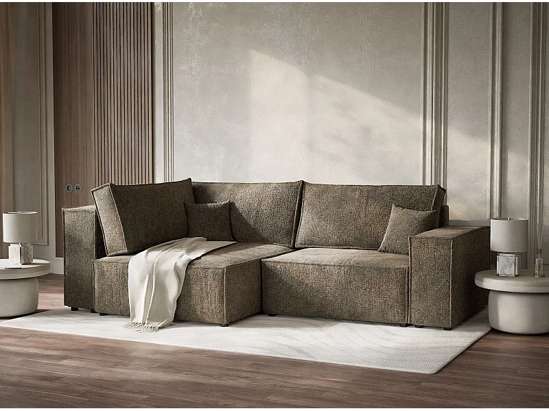 Canapé d'angle gauche avec fonction lit en tissu chenille taupe TONGA