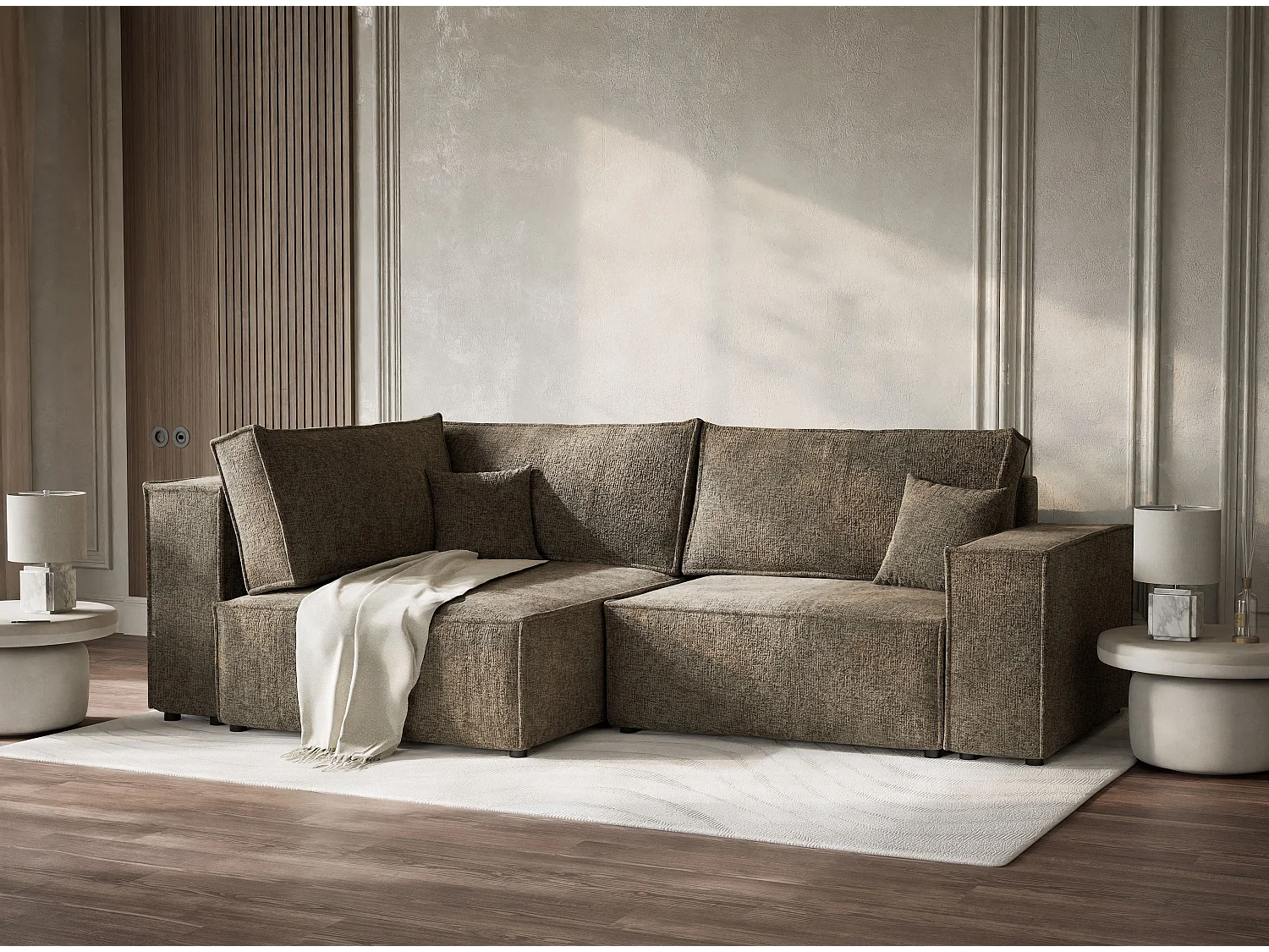 Canapé d'angle gauche avec fonction lit en tissu chenille taupe TONGA