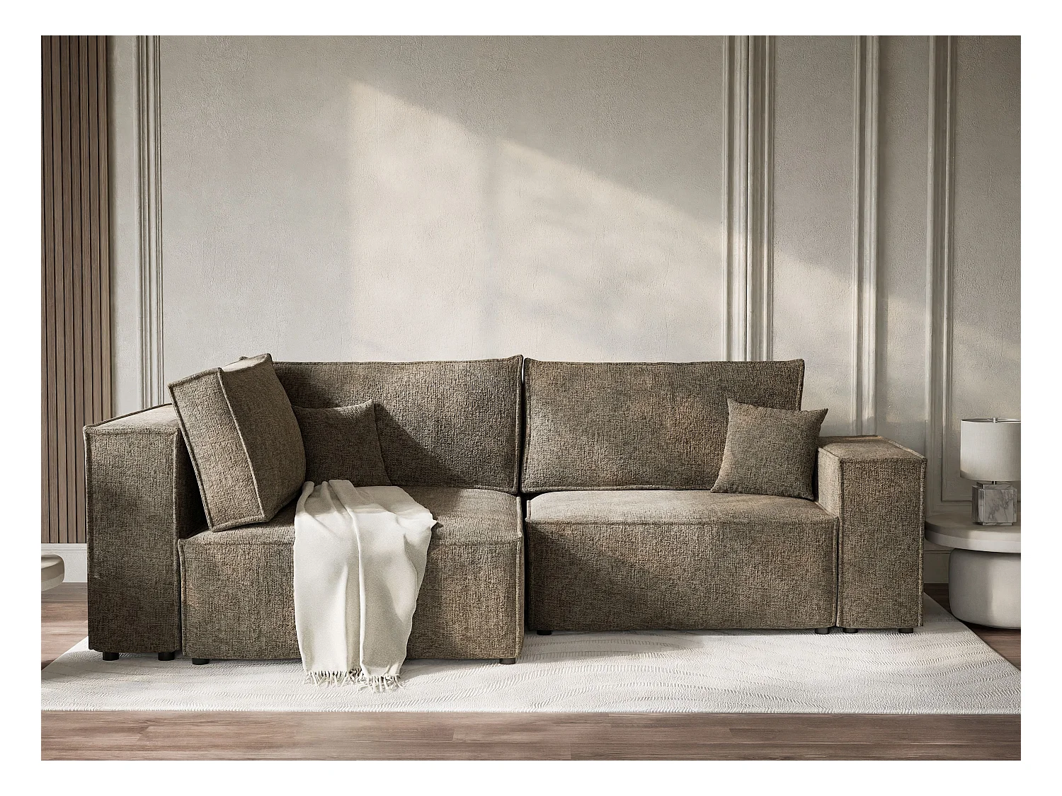 Canapé d'angle gauche avec fonction lit en tissu chenille taupe TONGA