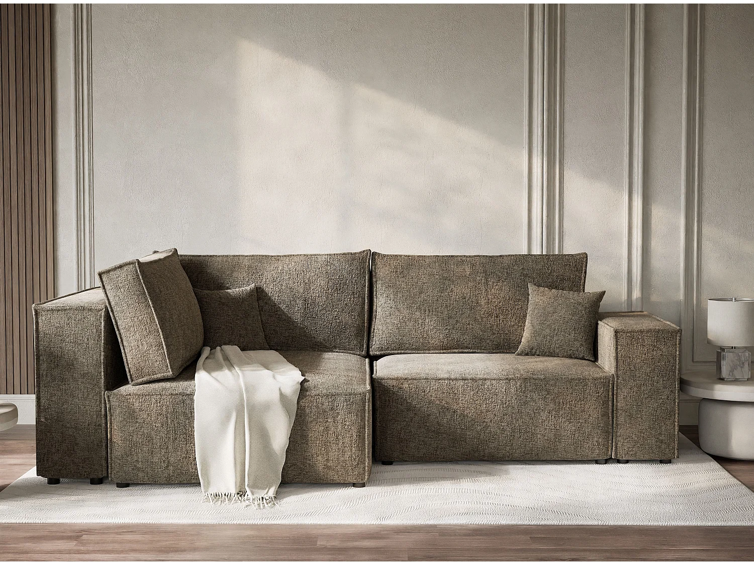 Canapé d'angle gauche avec fonction lit en tissu chenille brun TONGA