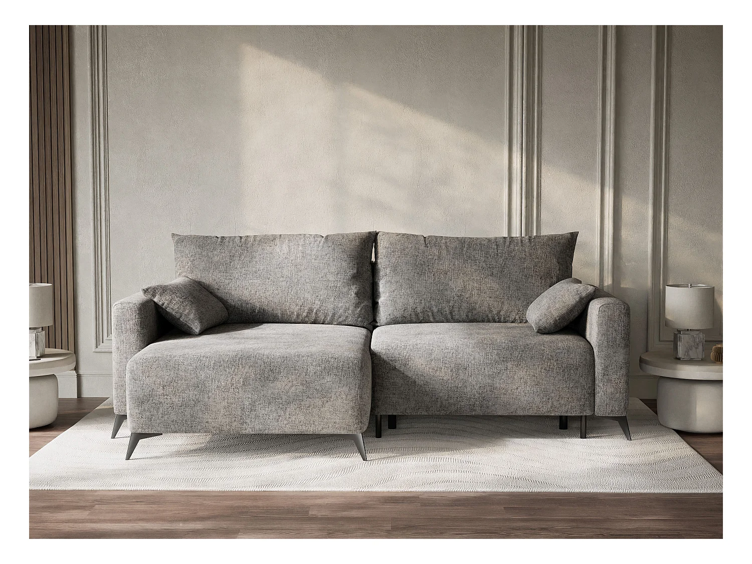 Canapé d'angle gauche avec fonction lit en tissu chenille gris LEON