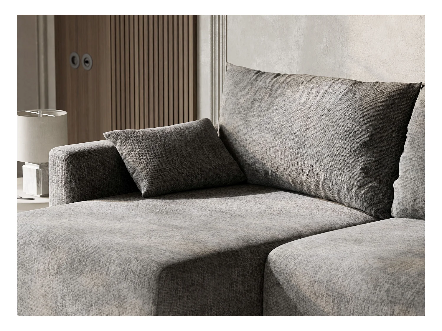 Canapé d'angle gauche avec fonction lit en tissu chenille gris LEON