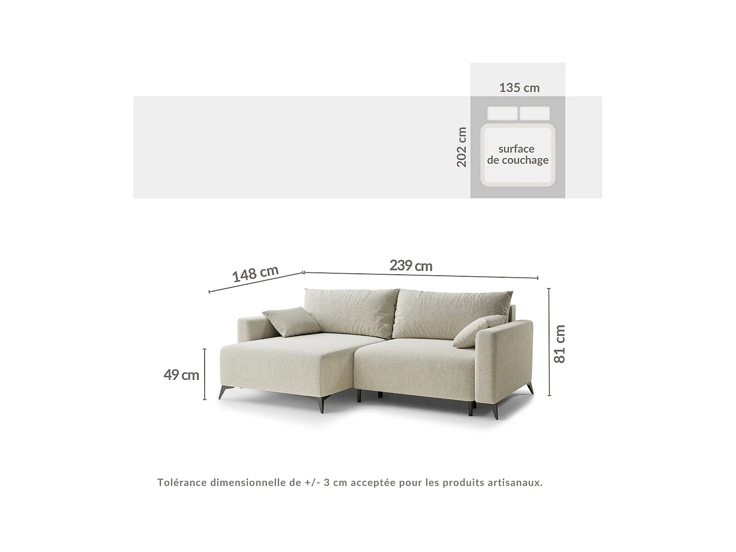 Canapé d'angle gauche avec fonction lit en tissu chenille gris LEON