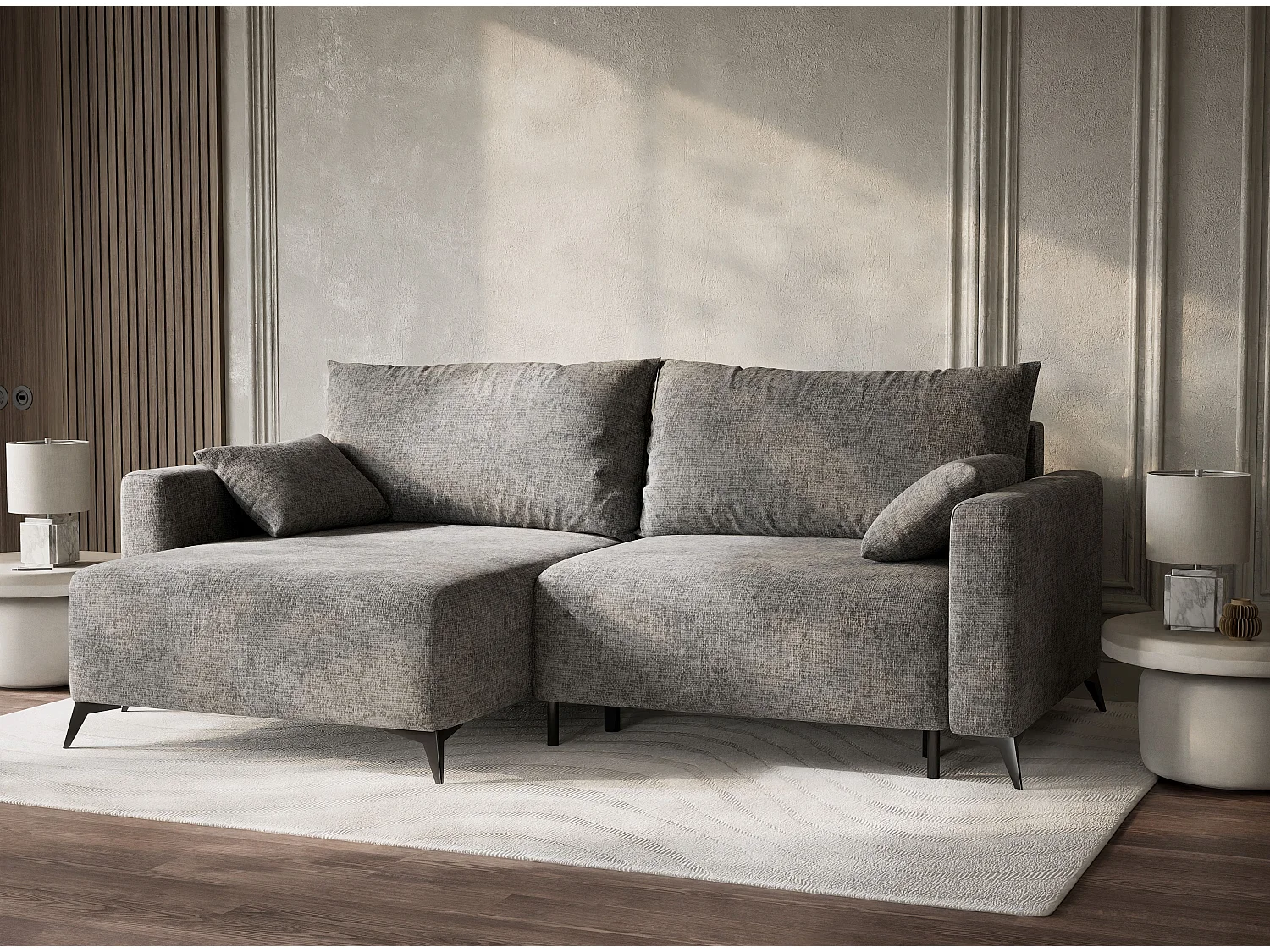 Canapé d'angle gauche avec fonction lit en tissu chenille gris LEON