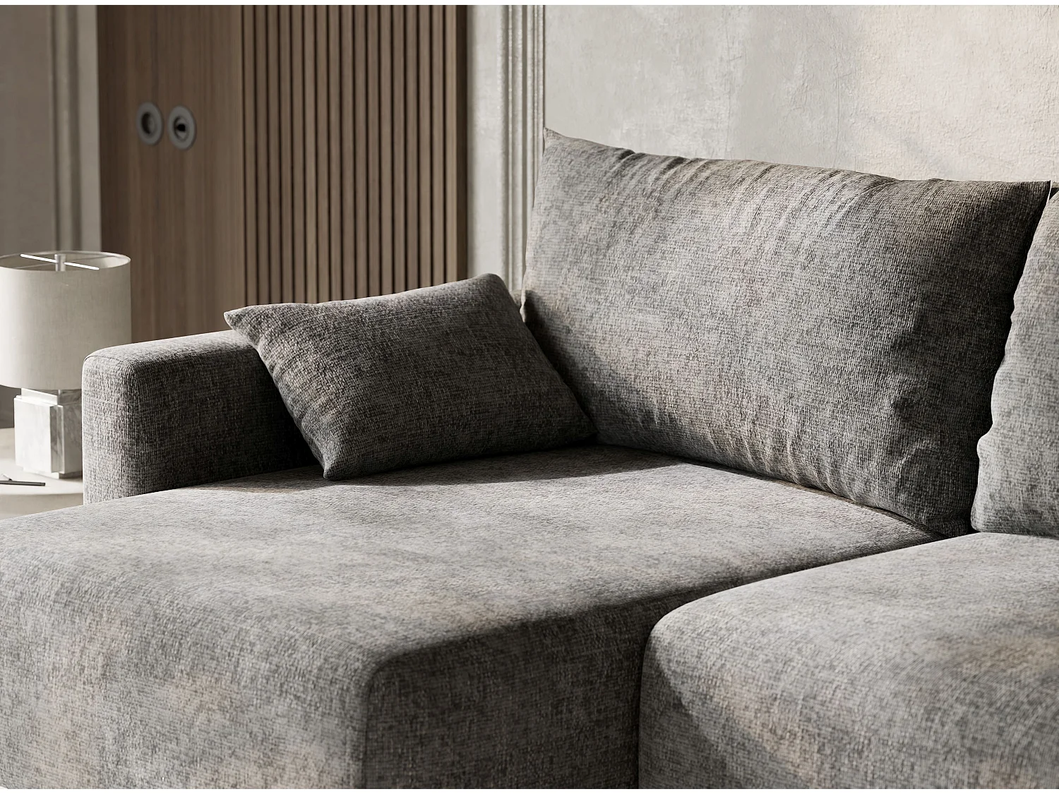 Canapé d'angle gauche avec fonction lit en tissu chenille gris LEON