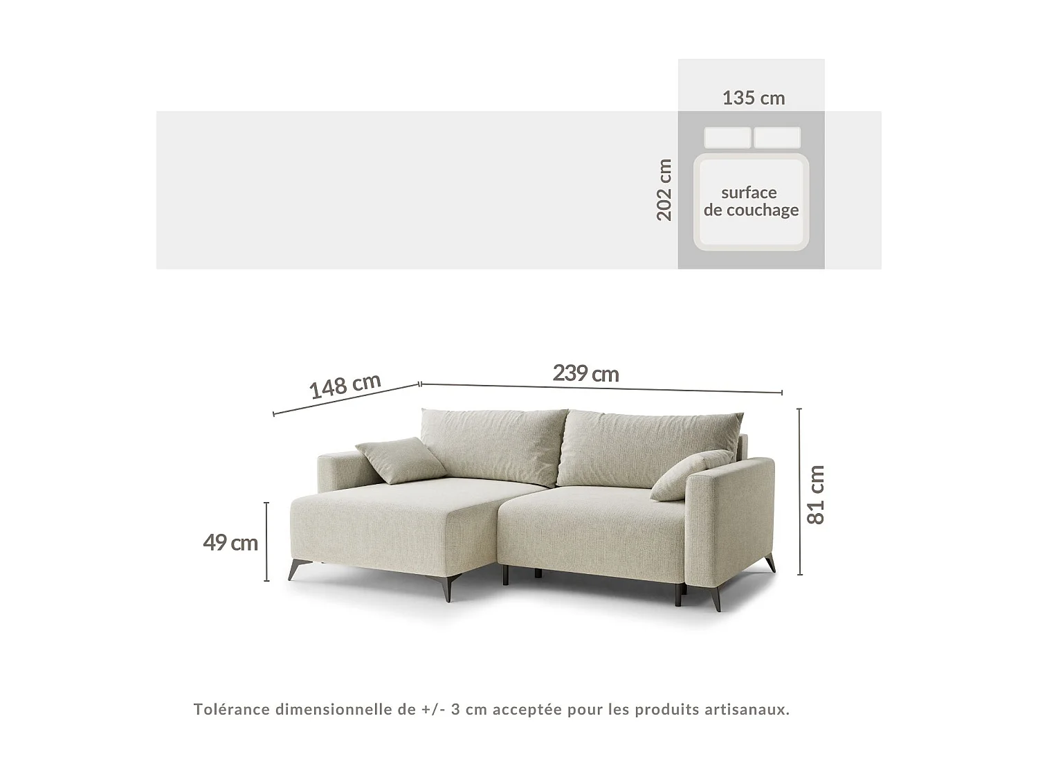 Canapé d'angle gauche avec fonction lit en tissu chenille gris LEON