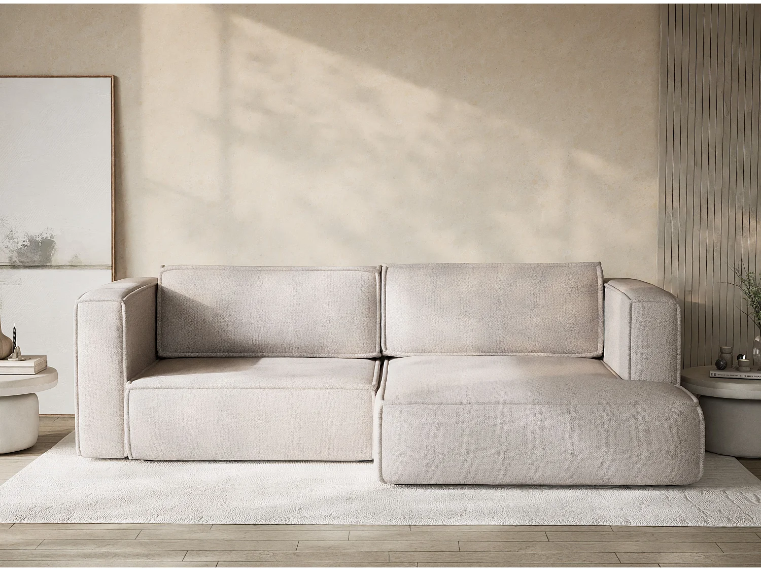 Canapé d'angle droit avec fonction lit en tissu tressé beige VELTO