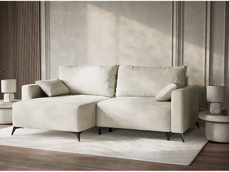 Canapé d'angle gauche avec fonction lit en tissu chenille creme LEON