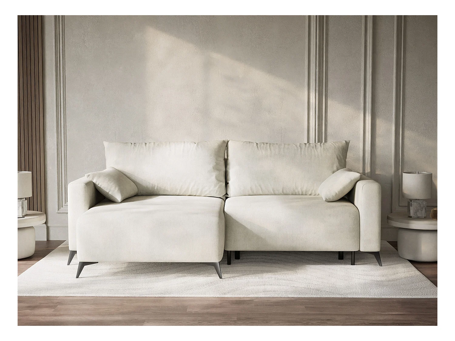 Canapé d'angle gauche avec fonction lit en tissu chenille creme LEON