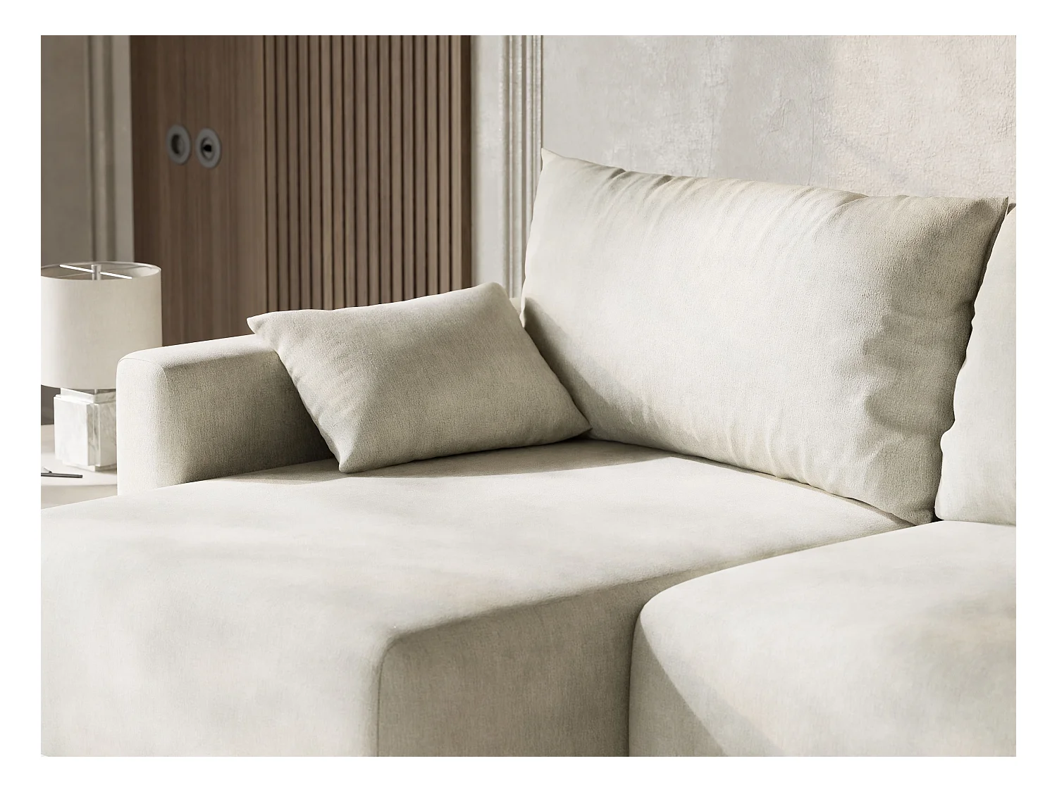 Canapé d'angle gauche avec fonction lit en tissu chenille creme LEON