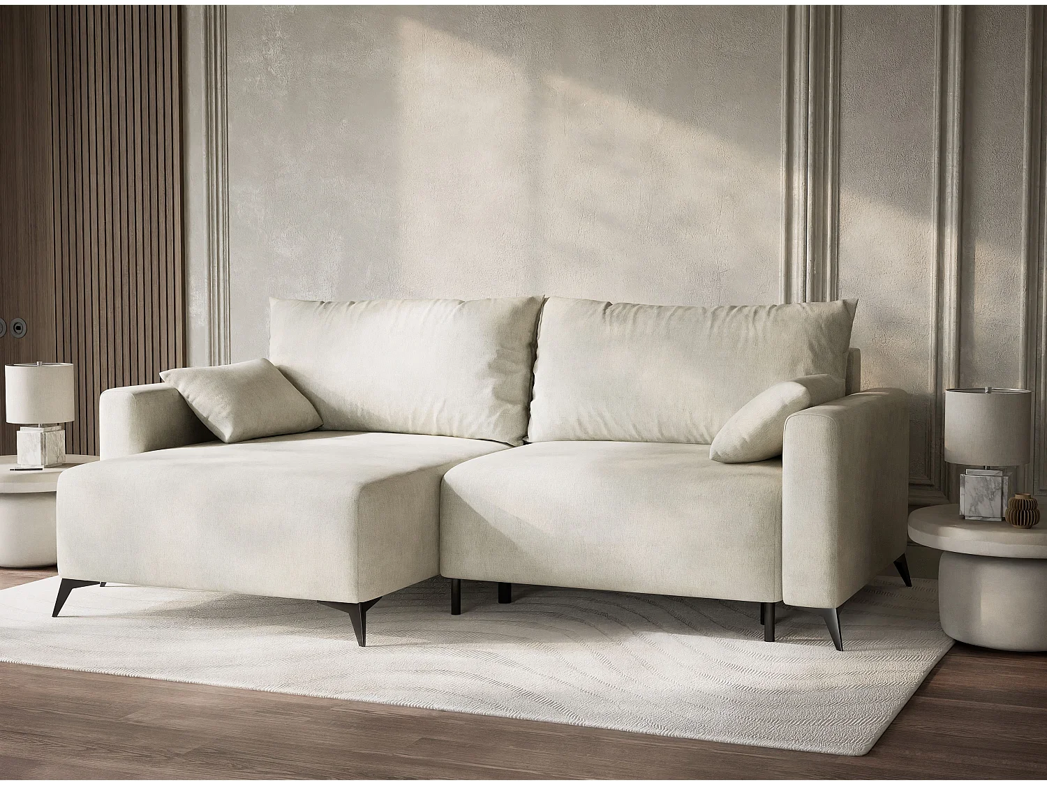 Canapé d'angle gauche avec fonction lit en tissu chenille creme LEON