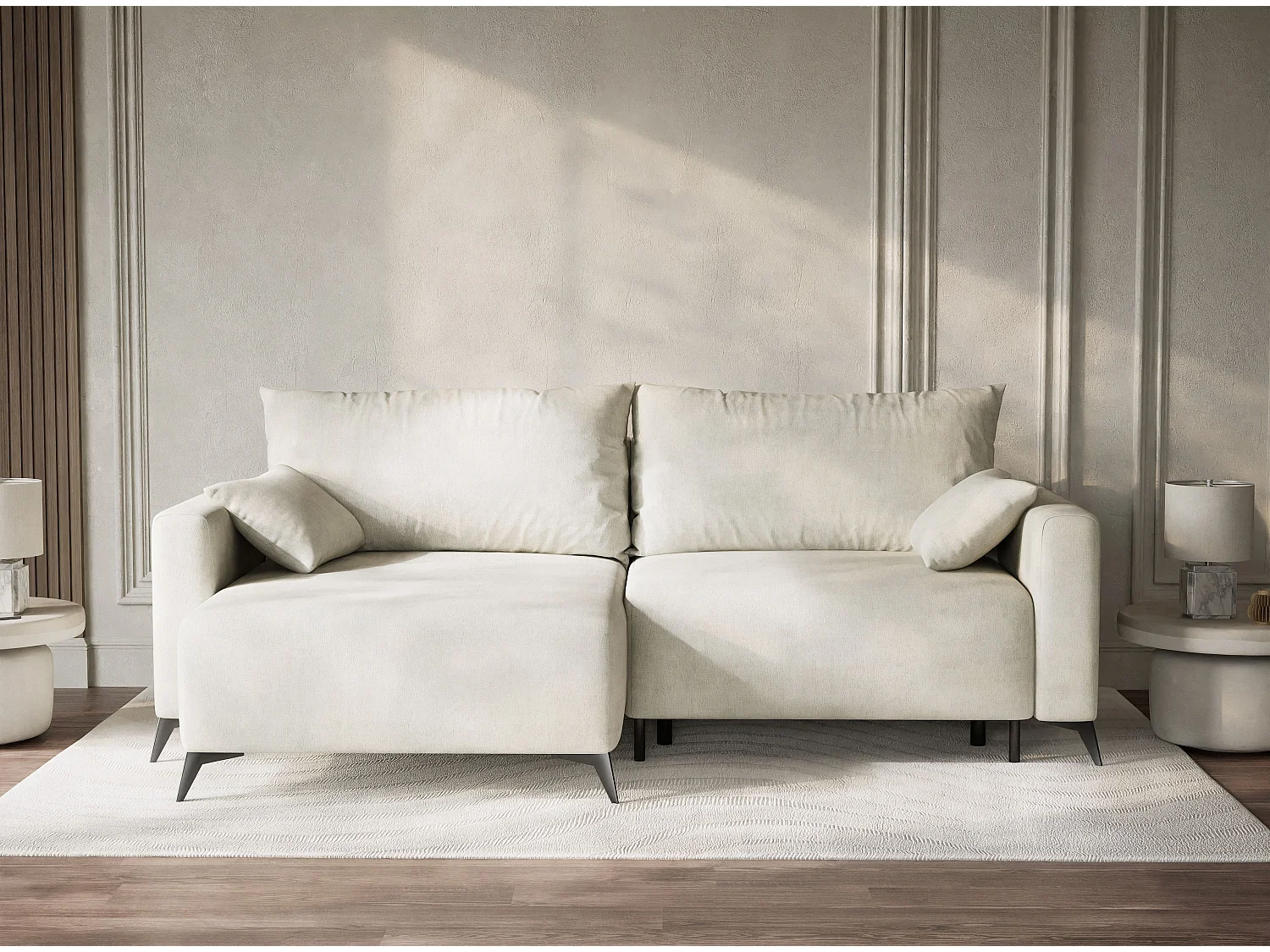 Canapé d'angle gauche avec fonction lit en tissu chenille creme LEON