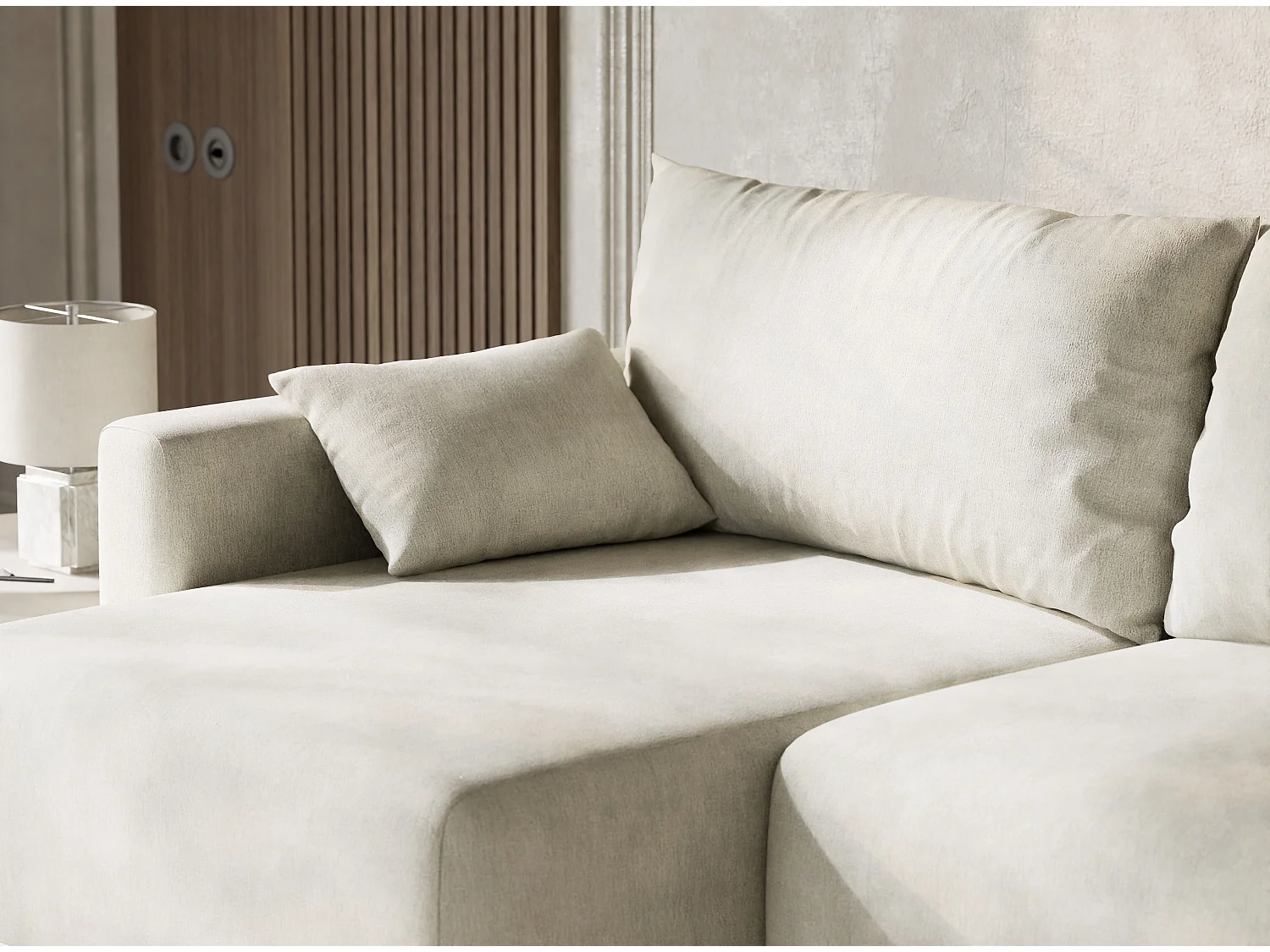 Canapé d'angle gauche avec fonction lit en tissu chenille creme LEON