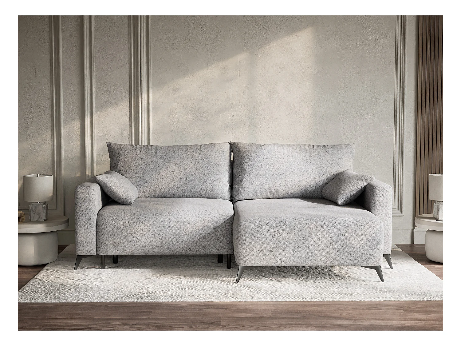 Canapé d'angle droit avec fonction lit en tissu tressé gris clair LEON