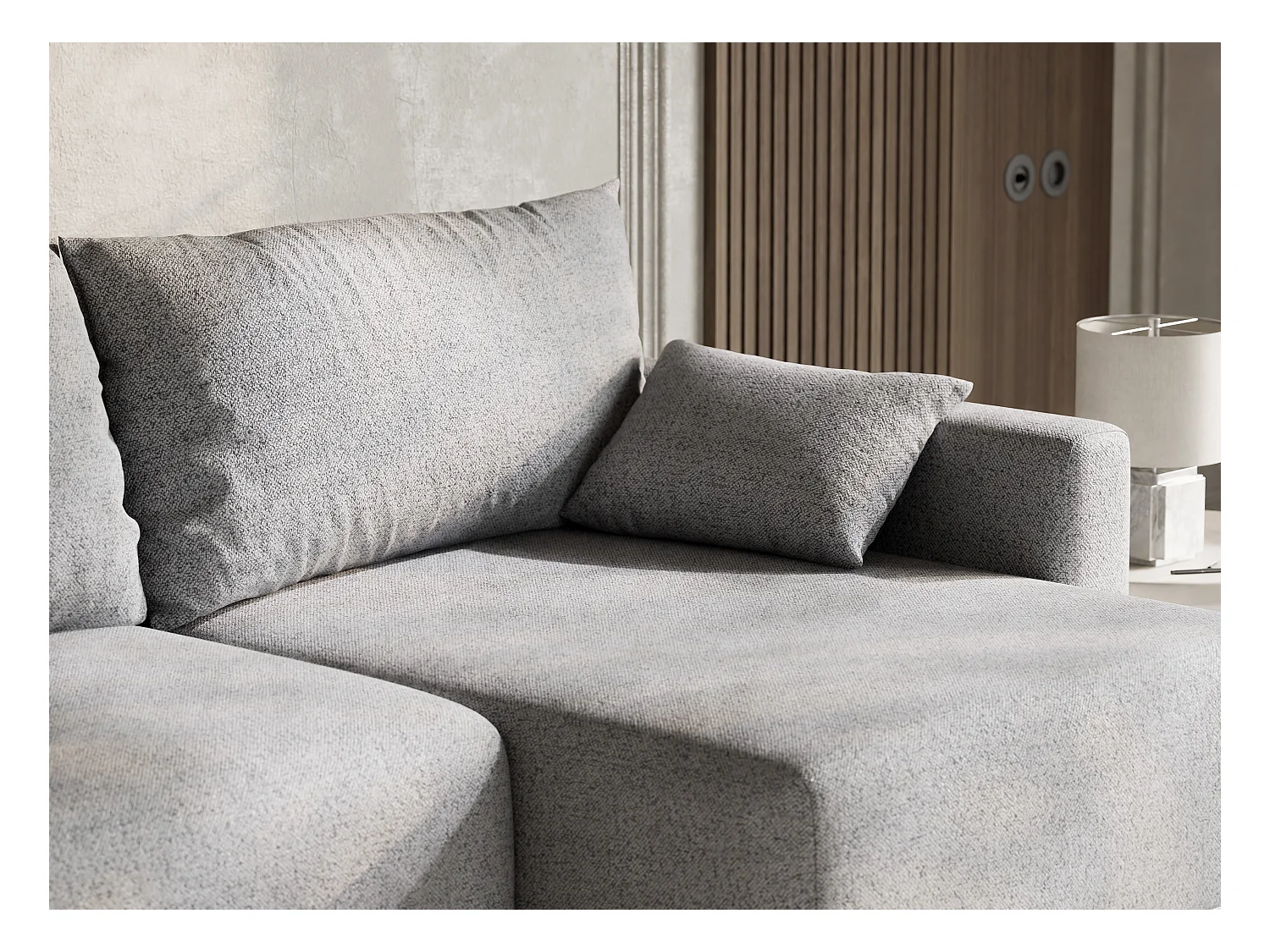 Canapé d'angle droit avec fonction lit en tissu tressé gris clair LEON