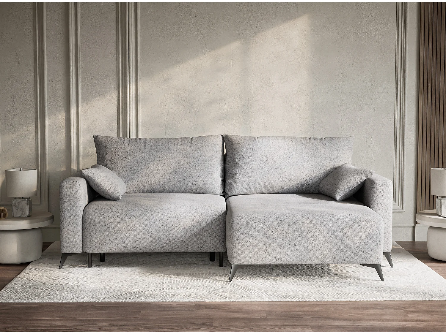 Canapé d'angle droit avec fonction lit en tissu tressé gris clair LEON