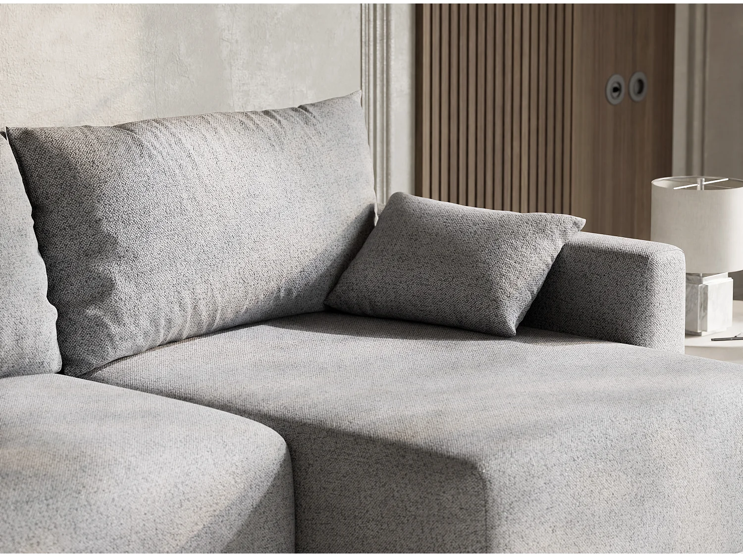 Canapé d'angle droit avec fonction lit en tissu tressé gris clair LEON