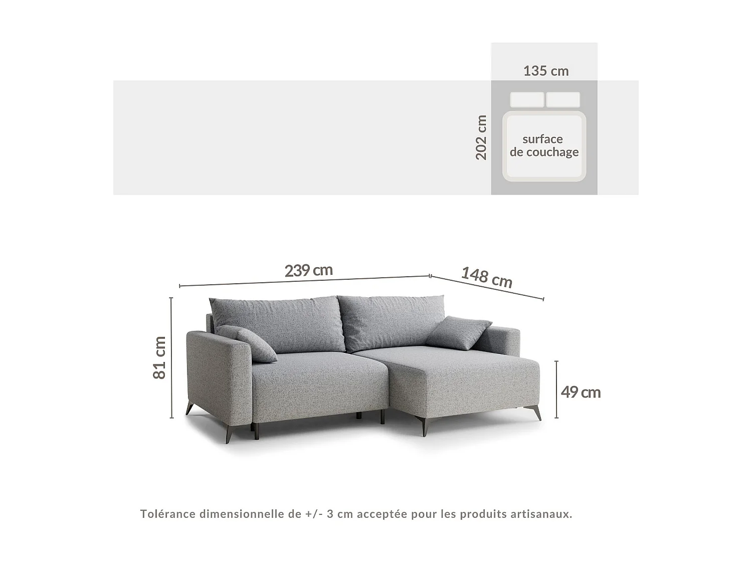 Canapé d'angle droit avec fonction lit en tissu tressé gris clair LEON