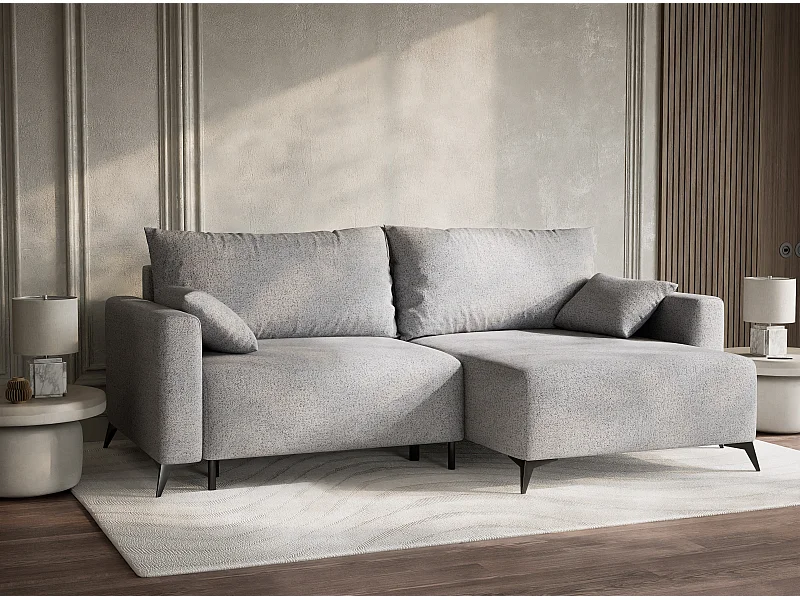 Canapé d'angle droit avec fonction lit en tissu tressé gris clair LEON