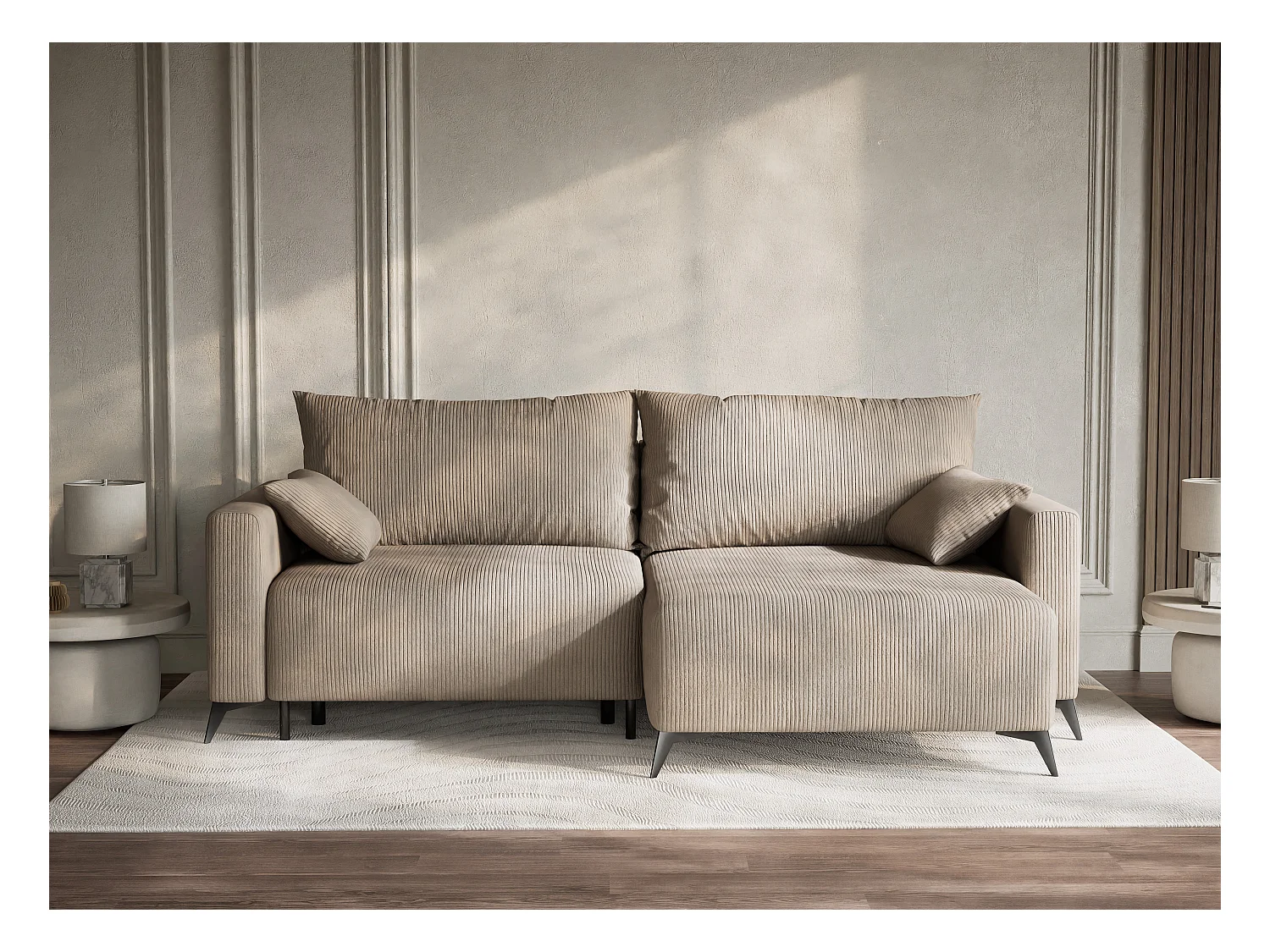 Ecksofa mit Schlaffunktion - Ecke Rechts - 3-Sitzer - Samtstoff - dunkelbeige - LEON