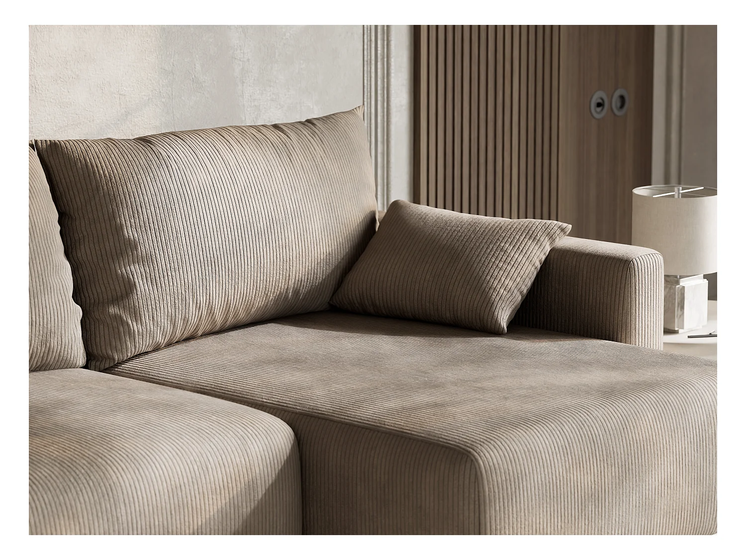 Ecksofa mit Schlaffunktion - Ecke Rechts - 3-Sitzer - Samtstoff - dunkelbeige - LEON