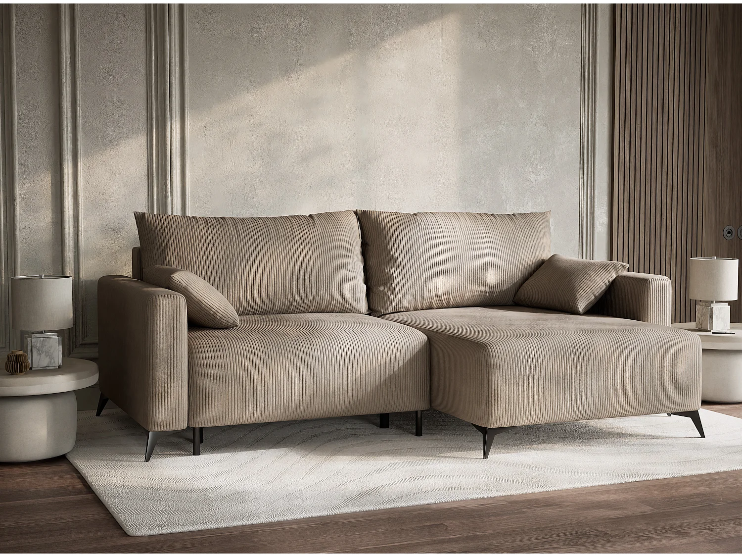 Canapé d'angle droit avec fonction lit en velours beige foncé LEON