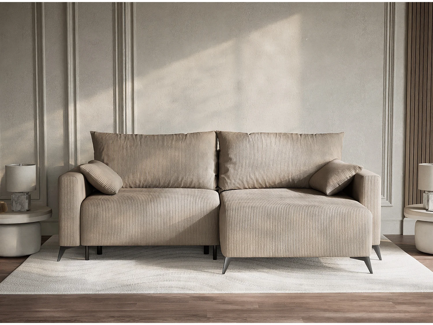 Canapé d'angle droit avec fonction lit en velours beige foncé LEON