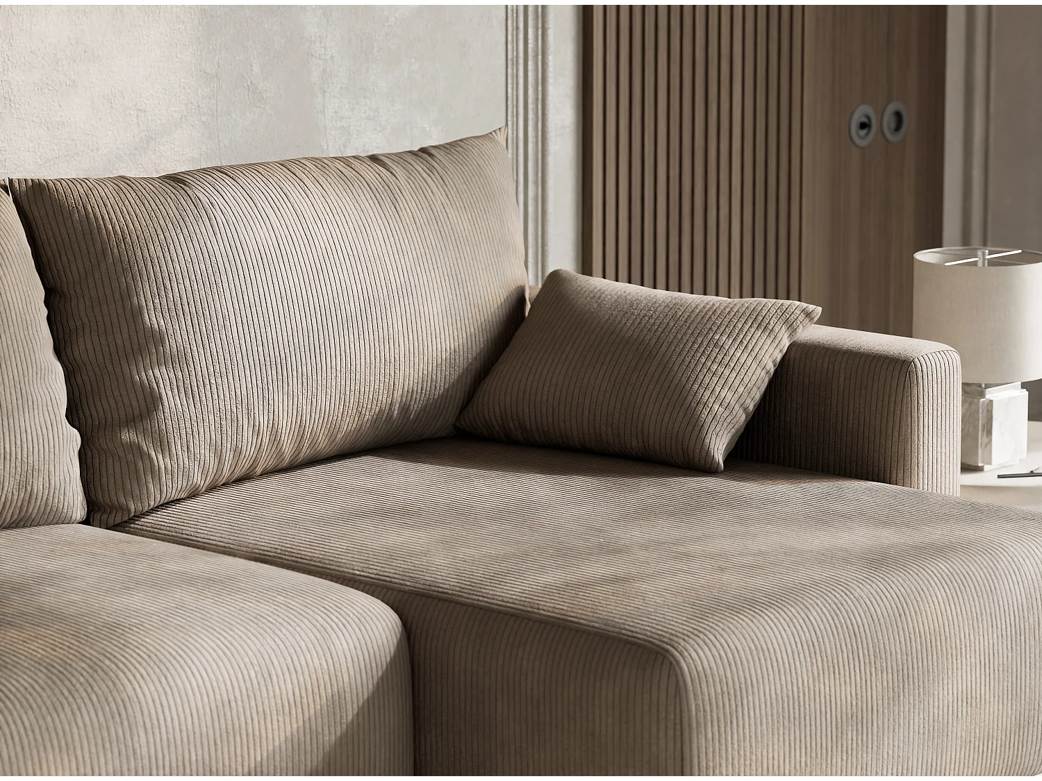 Canapé d'angle droit avec fonction lit en velours beige foncé LEON