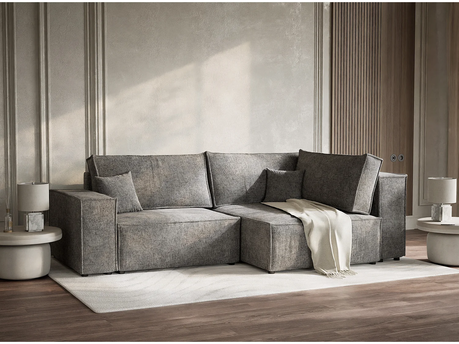 Canapé d'angle droit avec fonction lit en tissu chenille gris TONGA